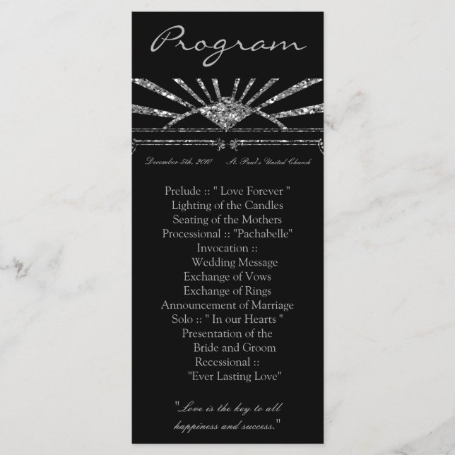 25 4x9 Wedding Program Art Deco Roaring 20s Gatsby Programme (Front)