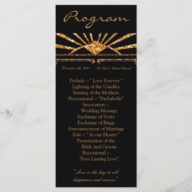 25 4x9 Wedding Program Art Deco Roaring 20s Gatsby Programme (Front)