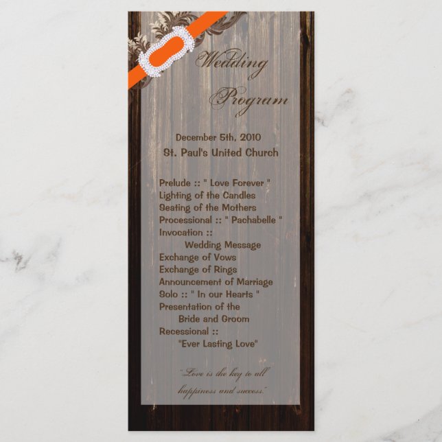 25 4x9 Wedding Program Barn Wood Rustic Country Programme (Front)