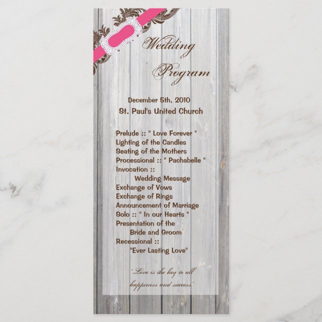 25 4x9 Wedding Program Barn Wood White Wash Rustic Programme (Front)
