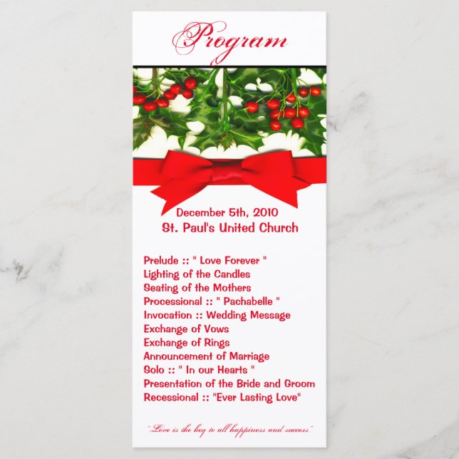 25 4x9 Wedding Program Baughs Holly Berry Christma Programme (Front)