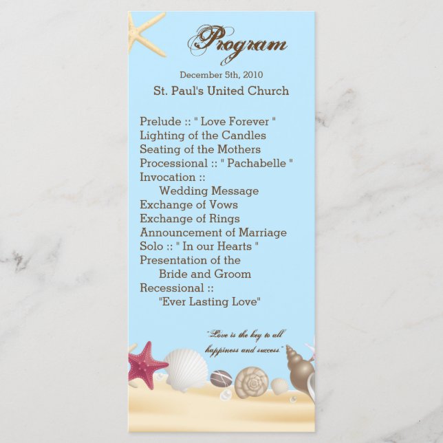 25 4x9 Wedding Program Beach Sea Shells Ocean Sand Programme (Front)