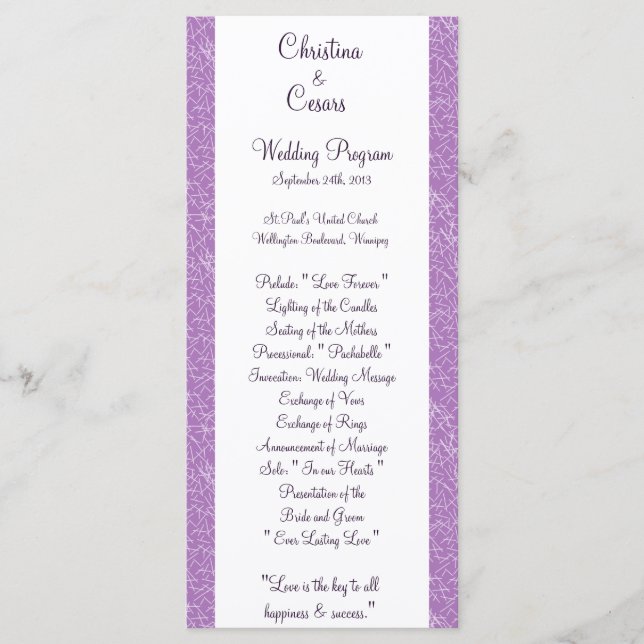 25 4x9 Wedding Program Bird Swing Purple BG hearts Programme (Front)