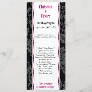 25 4x9 Wedding Program Black Floral Hot Pink Strip Programme