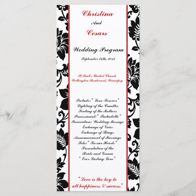 25 4x9 Wedding Program Black Flourish Red Stripe Programme (Front)