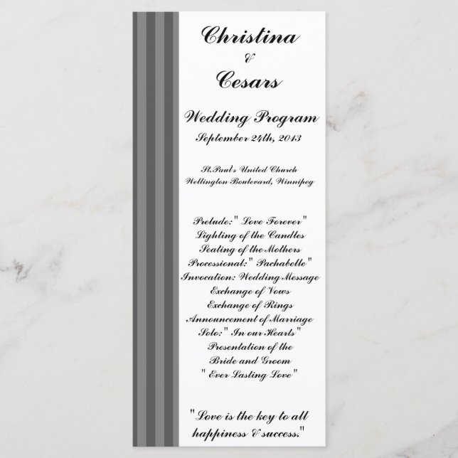 25 4x9 Wedding Program Black Grey Flourish Stripes Programme (Front)