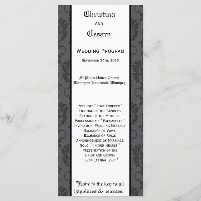 25 4x9 Wedding Program Black Grey Formal Gothic Pr Programme (Front)