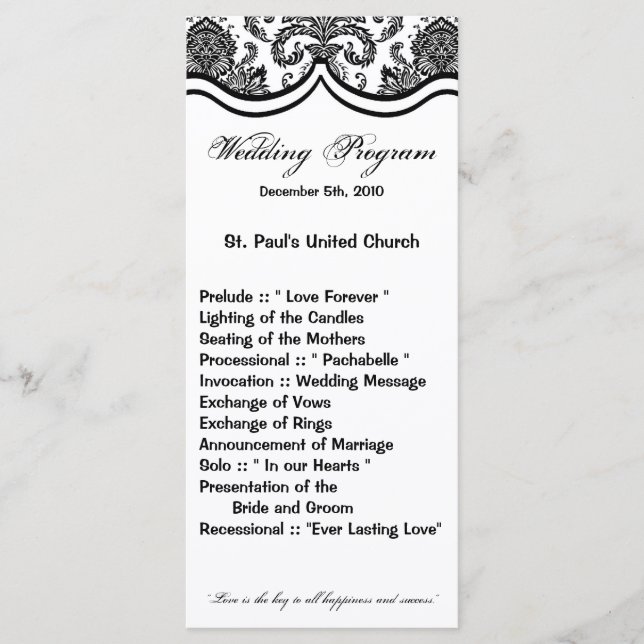 25 4x9 Wedding Program Black White Damask Lace Pri Programme (Front)