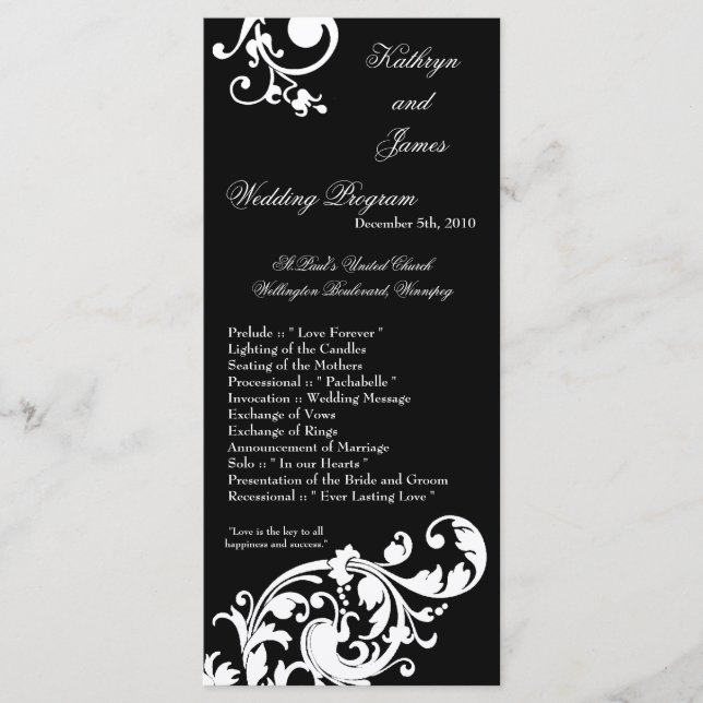 25 4x9 Wedding Program Black White Floral Filigree Programme (Front)