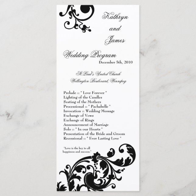 25 4x9 Wedding Program Black White Floral Filigree Programme (Front)