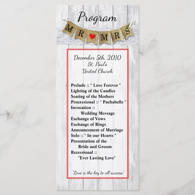 25 4x9 Wedding Program Burlap Mr. and Mrs. Banner Programme (Front)