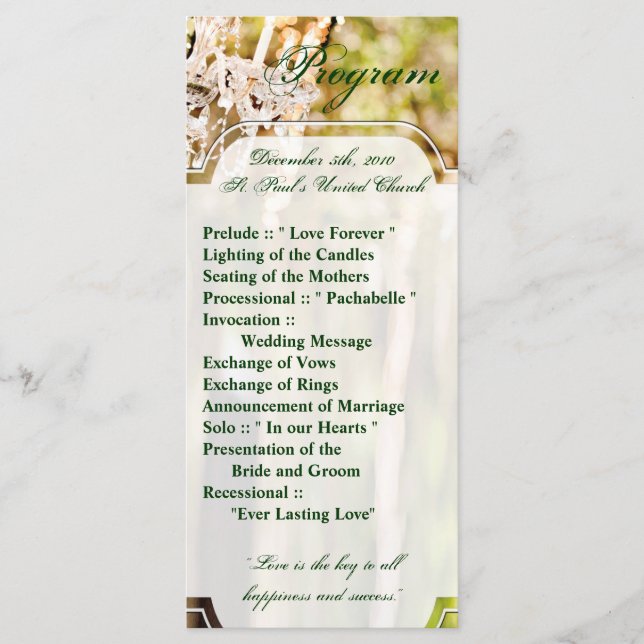 25 4x9 Wedding Program Chandelier in Oak Tree Crys Programme (Front)