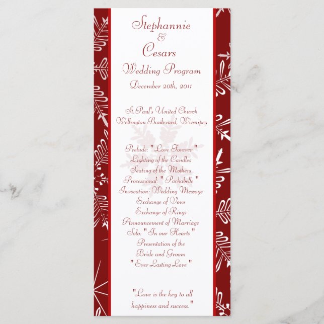 25 4x9 Wedding Program Christmas Red Snowflakes Programme (Front)