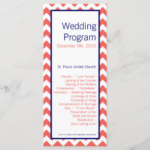 25 4x9 Wedding Program Coral Navy Blue Chevron Nam Programme