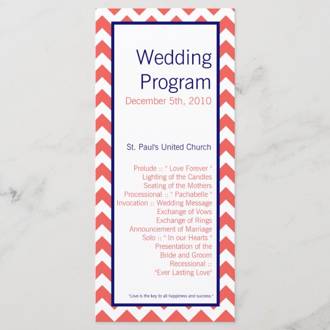 25 4x9 Wedding Program Coral Navy Blue Chevron Nam Programme (Front)
