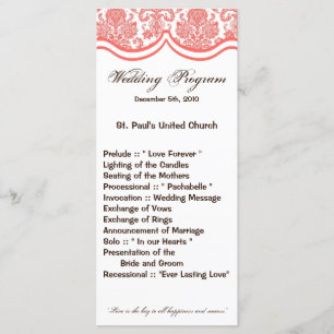 25 4x9 Wedding Program Coral Pin White Damask Lace Programme