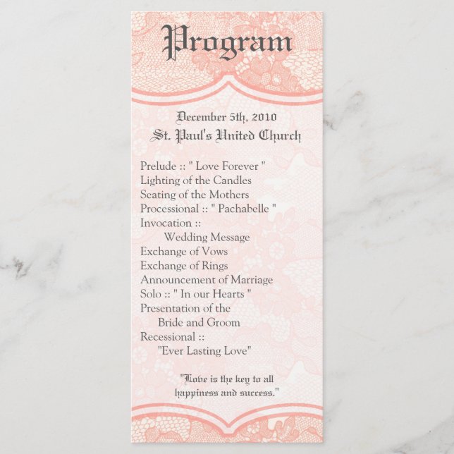 25 4x9 Wedding Program Country Coral Lace Print Programme (Front)