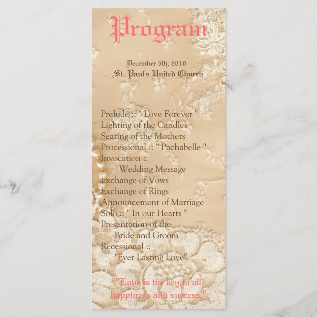 25 4x9 Wedding Program Country Lace Victorian Vint Programme (Front)