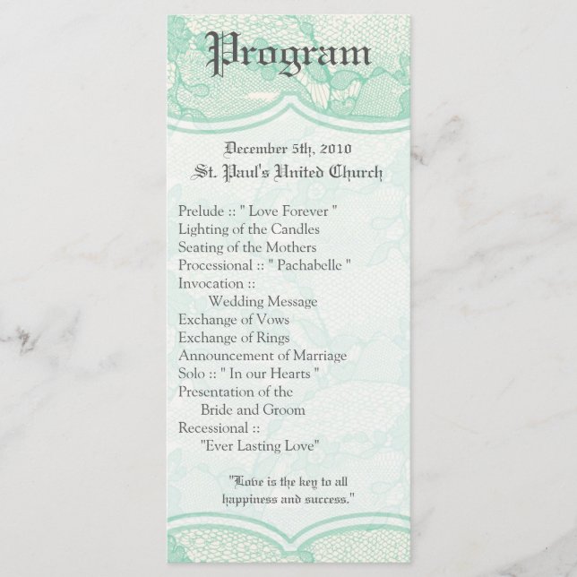 25 4x9 Wedding Program Country Mint Lace Print Programme (Front)
