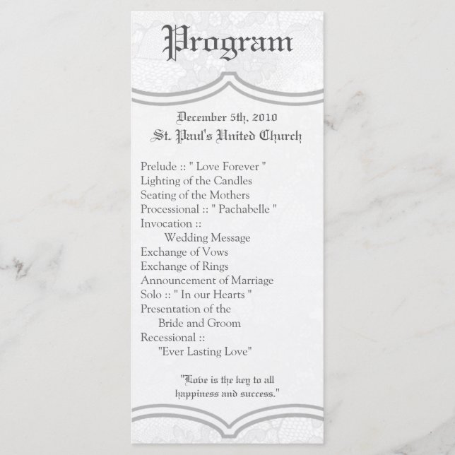 25 4x9 Wedding Program Country White Lace Print Programme (Front)