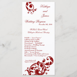 25 4x9 Wedding Program Crimson Red Floral Filigree Programme