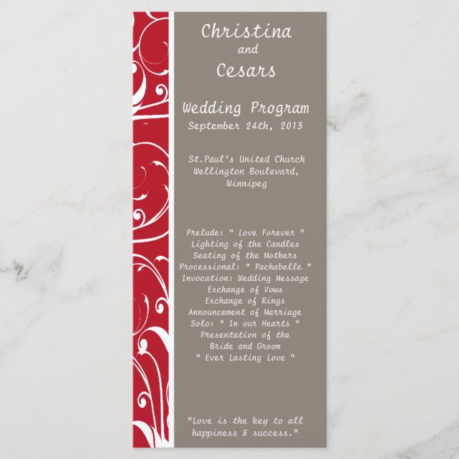 25 4x9 Wedding Program Crimson Red Grey Bg White S Programme (Front)