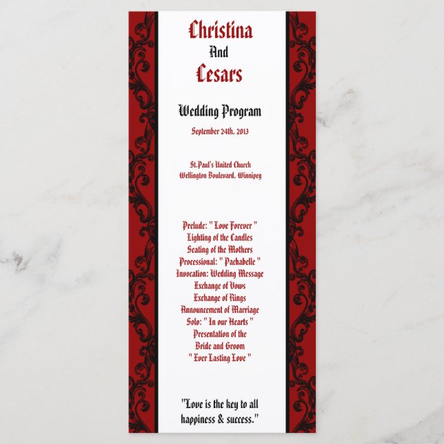 25 4x9 Wedding Program Crimson Red Ornate Embellis Programme (Front)
