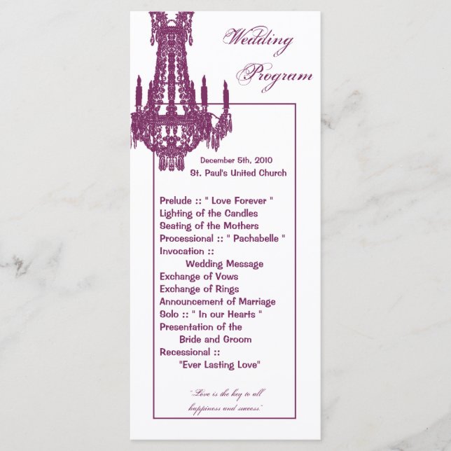 25 4x9 Wedding Program Crystal Chandelier Glitz Programme (Front)