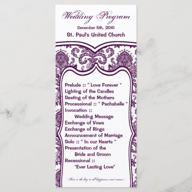 25 4x9 Wedding Program Damask Lace Print Pattern Programme (Front)