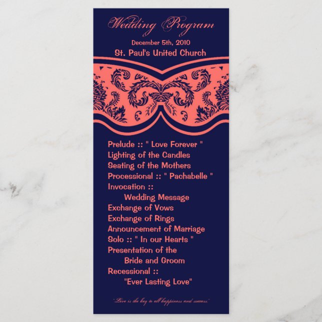 25 4x9 Wedding Program Damask Lace Print Pattern Programme (Front)
