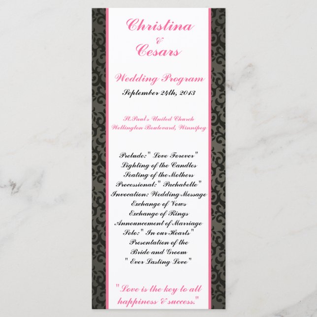 25 4x9 Wedding Program Damask/Stripes Pink Crown Programme (Front)