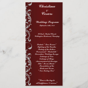 25 4x9 Wedding Program Dark Maroon Grey Swirls Red Programme