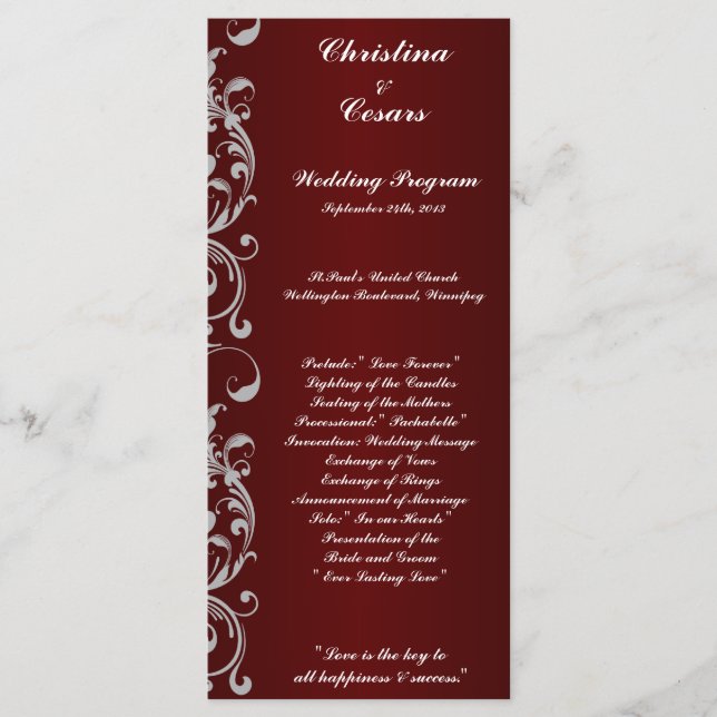 25 4x9 Wedding Program Dark Maroon Grey Swirls Red Programme (Front)