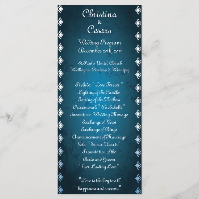25 4x9 Wedding Program Deep Moroccan Blue Programme (Front)