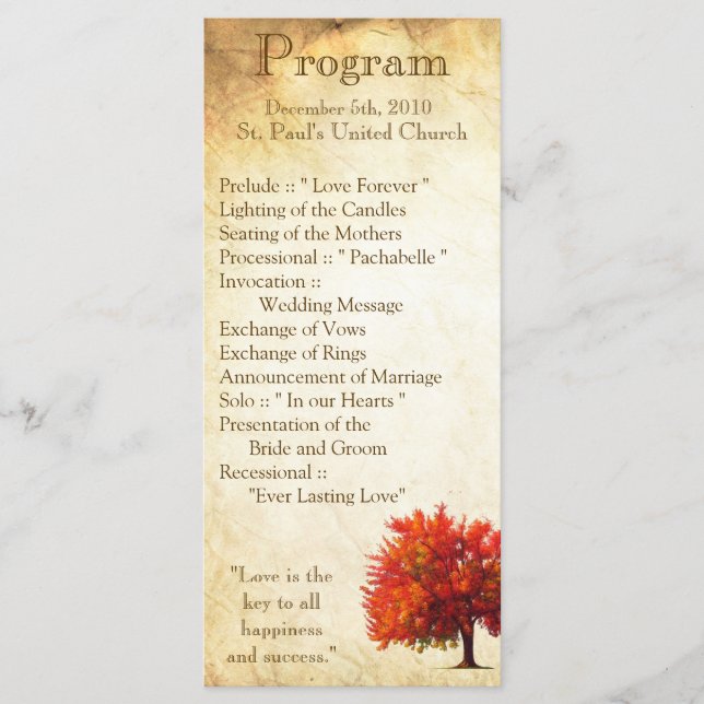 25 4x9 Wedding Program Fall Tree Aged Paper Autumn Programme (Front)
