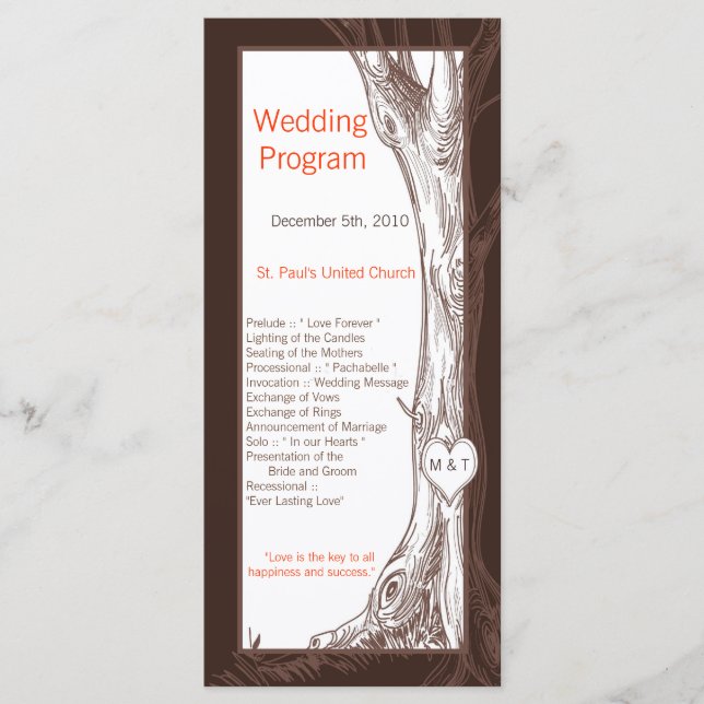 25 4x9 Wedding Program Fall Tree Initial Carvings Programme (Front)