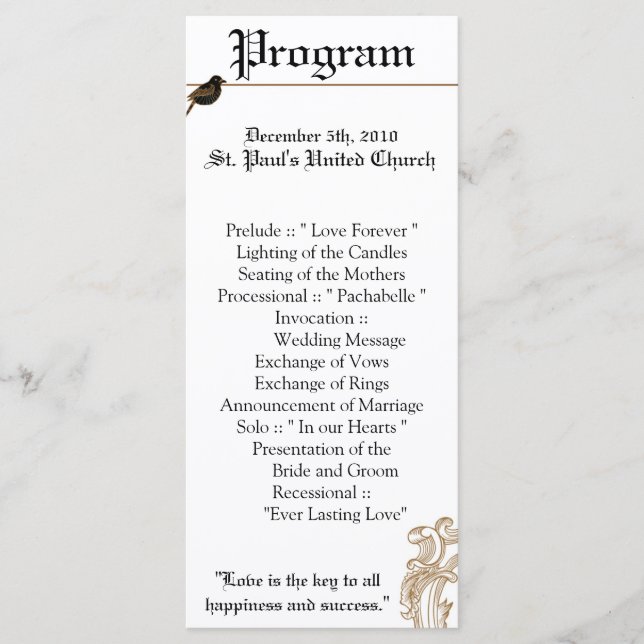 25 4x9 Wedding Program Formal Love Birds Pigeon Programme (Front)