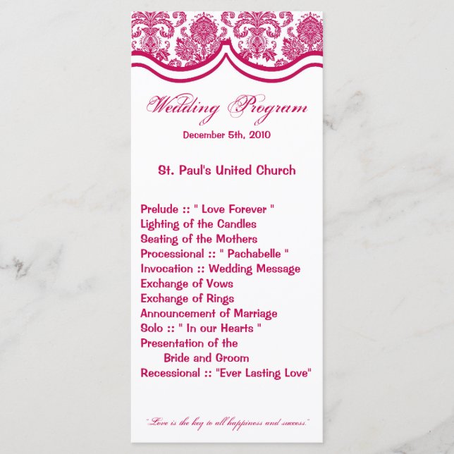 25 4x9 Wedding Program Fusia White Damask Lace Pri Programme (Front)
