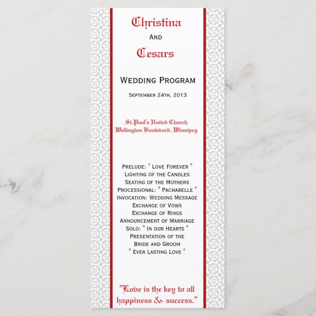 25 4x9 Wedding Program Grey Red Formal Print Programme (Front)