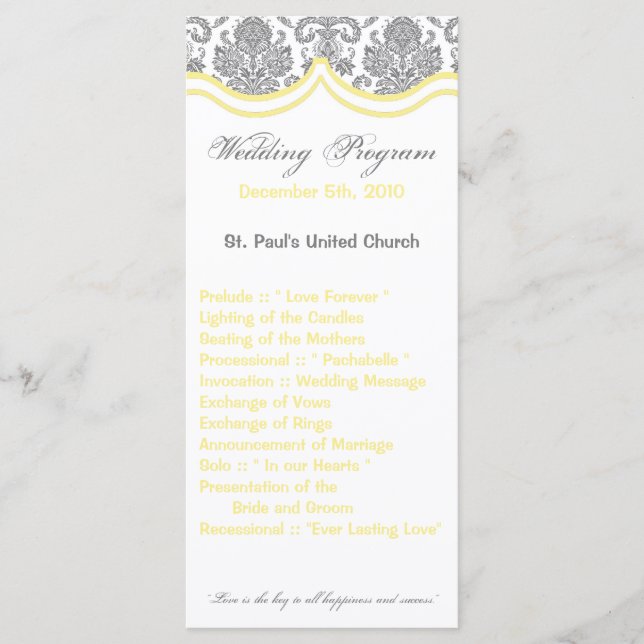 25 4x9 Wedding Program Grey Yellow Damask Lace Programme (Front)