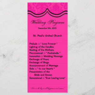 25 4x9 Wedding Program Hot Pink Black Damask Lace Programme
