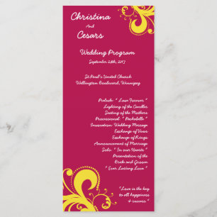 25 4x9 Wedding Program Hot Pink/Yellow Swirls Dots Programme