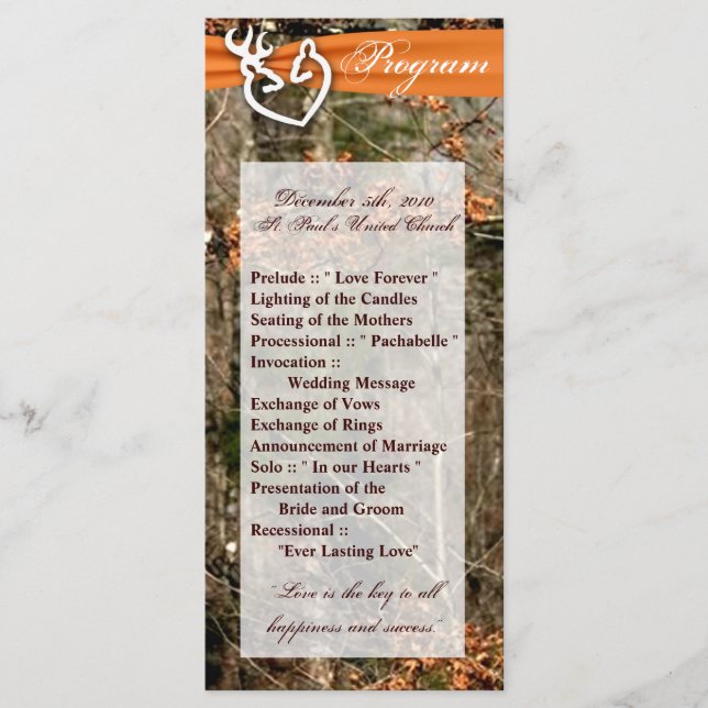 25 4x9 Wedding Program Hunting Deer Doe Buck Camo Programme (Front)