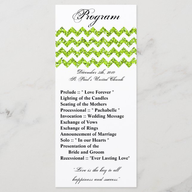 25 4x9 Wedding Program Lime Glitter Chevron Zig Programme (Front)
