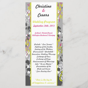 25 4x9 Wedding Program Lime Green/Hot Pink Flower Programme