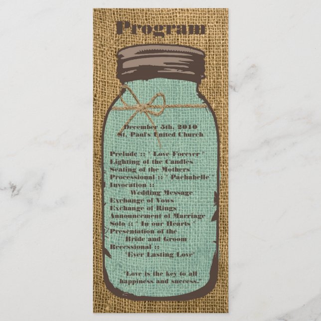 25 4x9 Wedding Program Mason Jar Burlap Country Programme (Front)