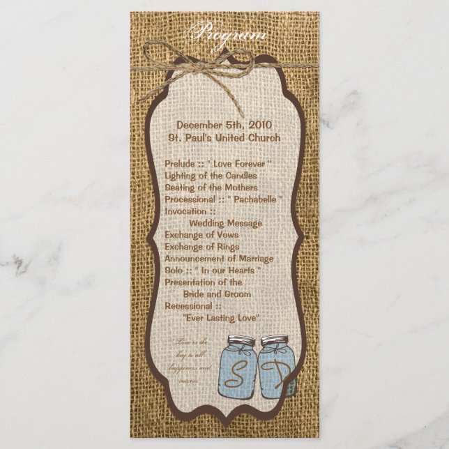 25 4x9 Wedding Program Mason Jar Burlap Country Ru Programme (Front)