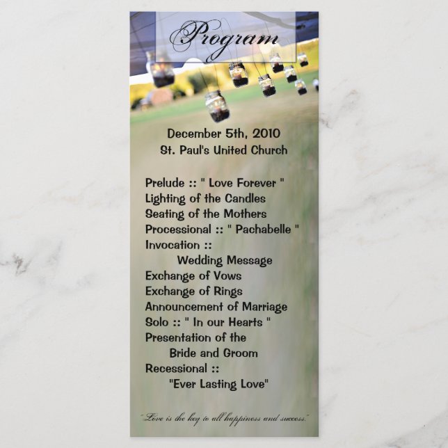 25 4x9 Wedding Program Mason Jar Candle Holders Programme (Front)