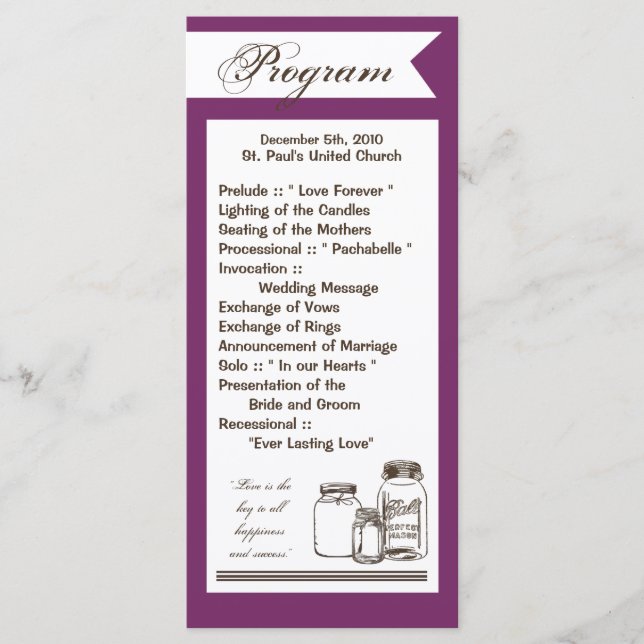 25 4x9 Wedding Program Mason Jar Country Rustic Programme (Front)
