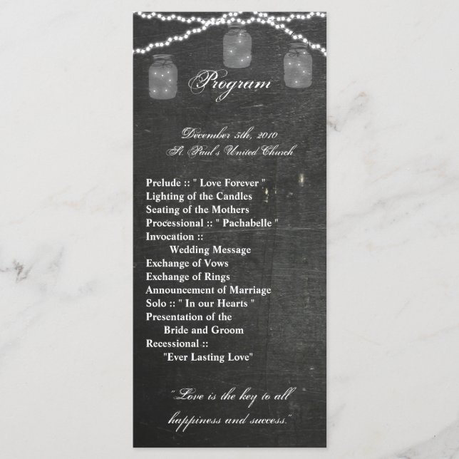 25 4x9 Wedding Program Mason Jar String Lights Cha Programme (Front)
